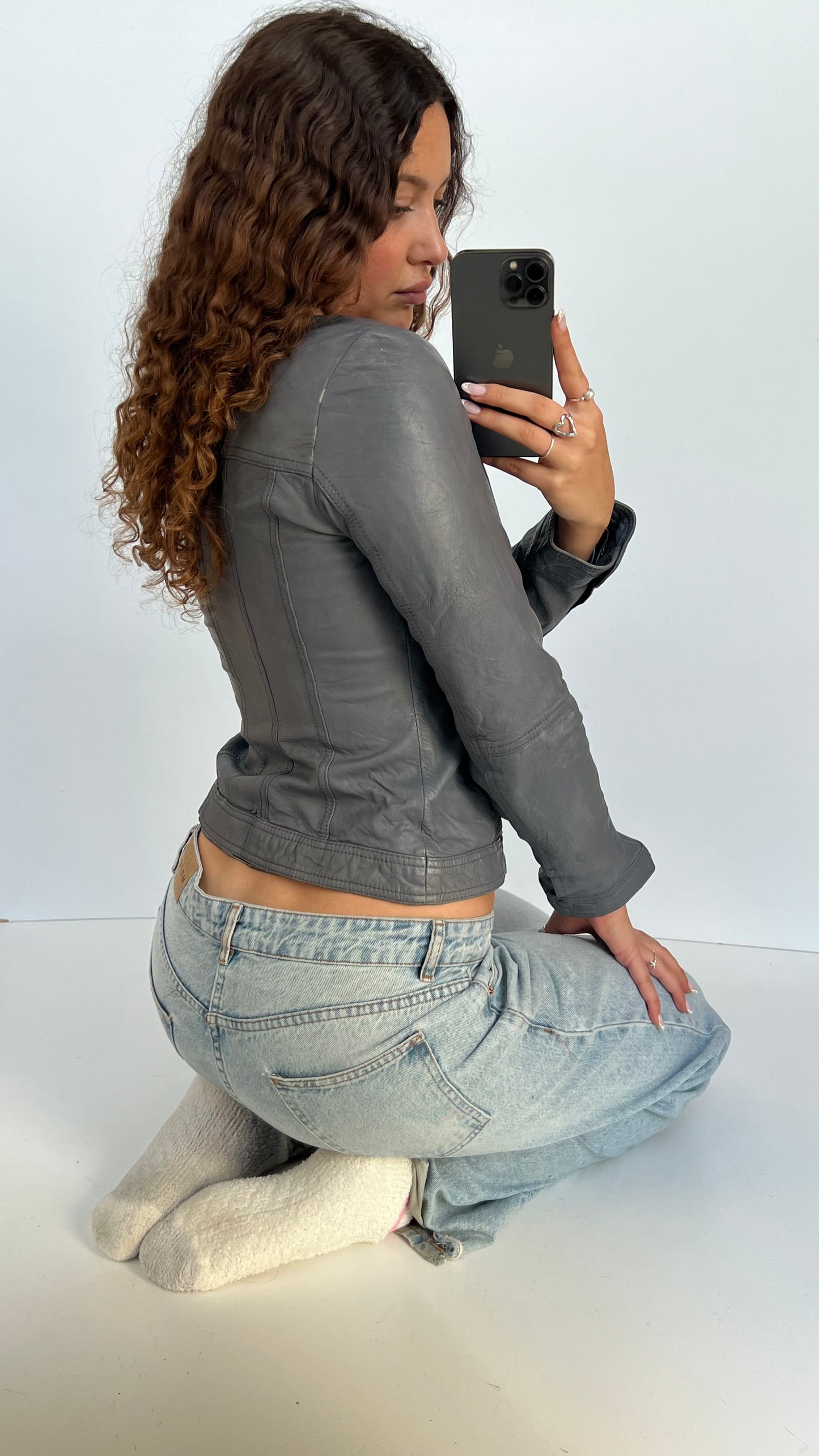 00s blue leather jacket- size M