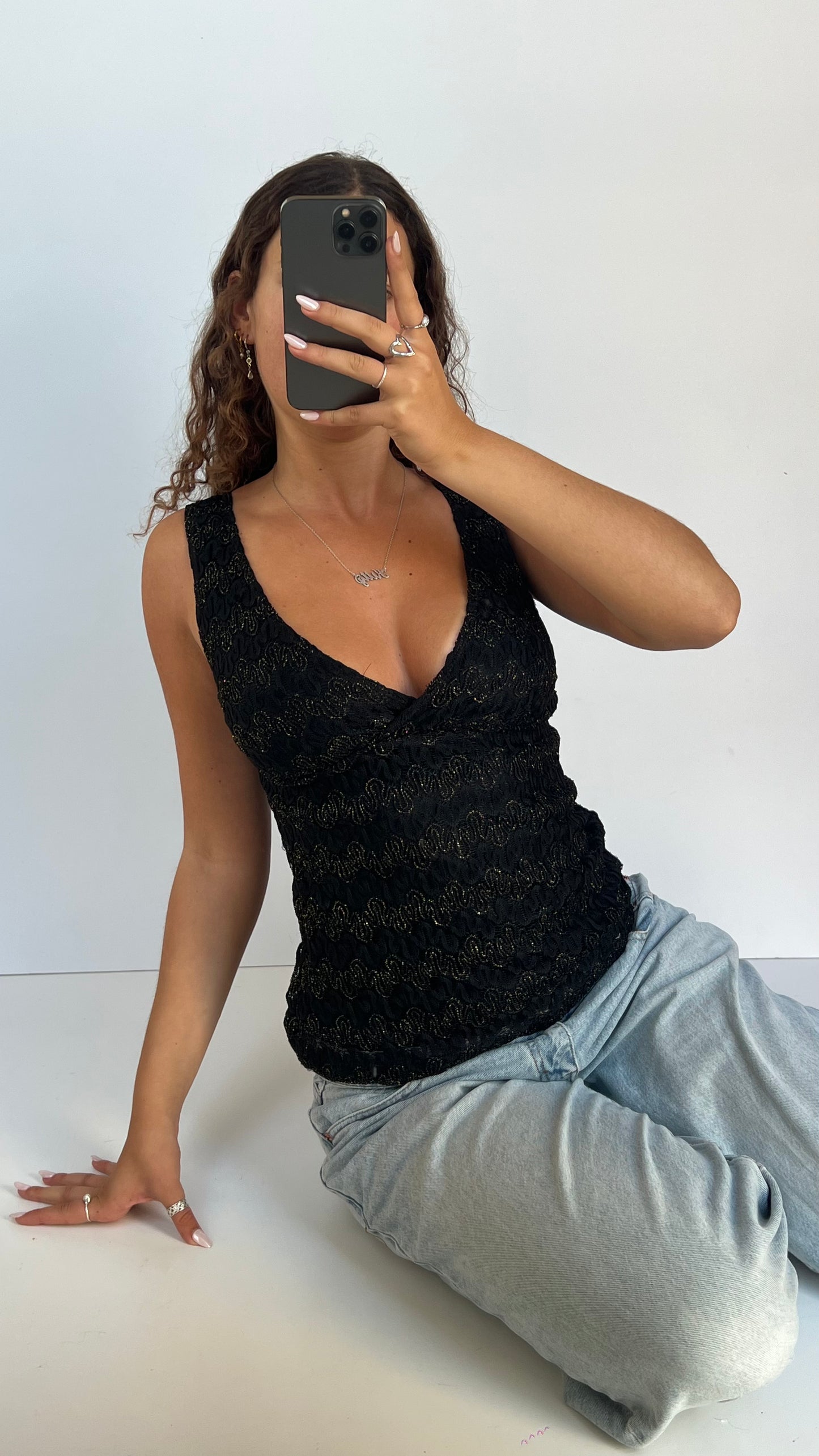 00s black gold glitter top- size M