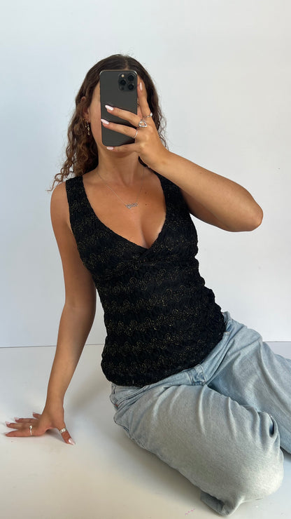 00s black gold glitter top- size M