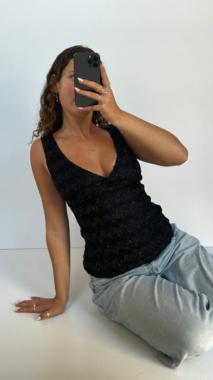 00s black gold glitter top- size M