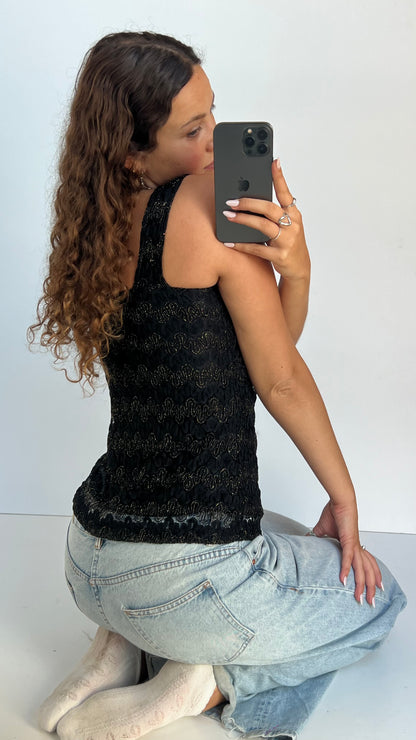 00s black gold glitter top- size M