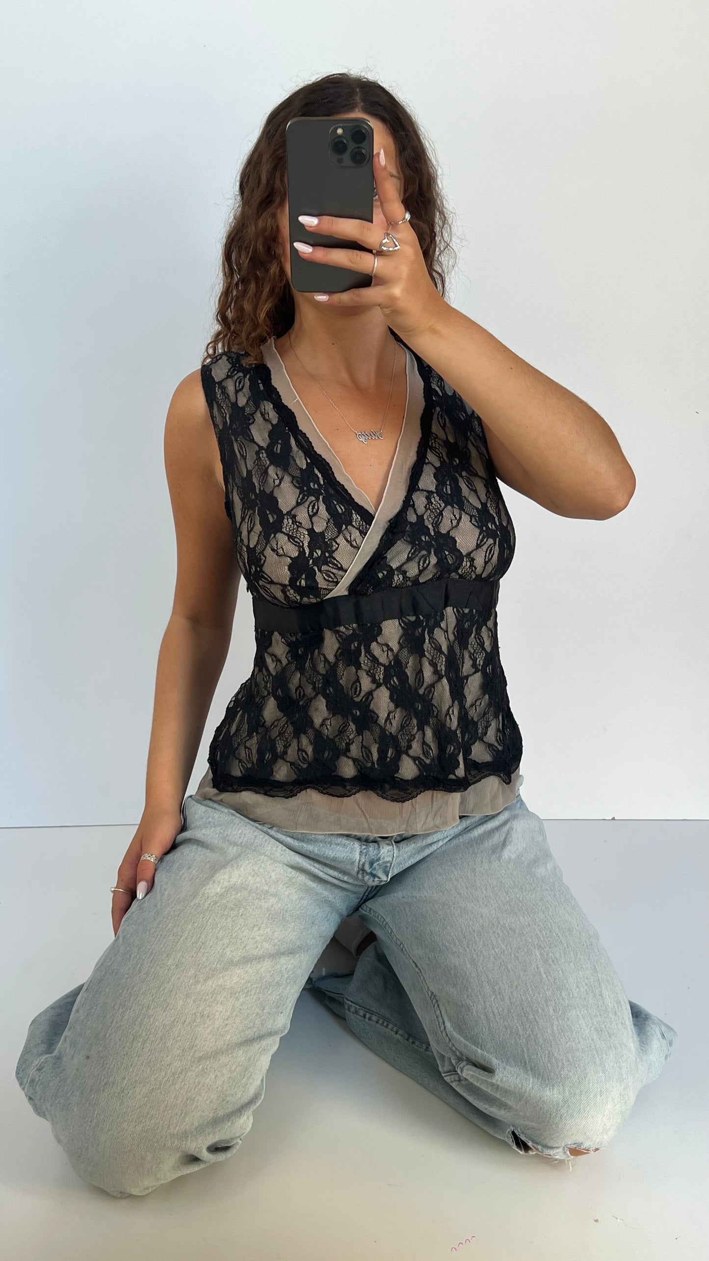 00s black lace babydoll top- size L
