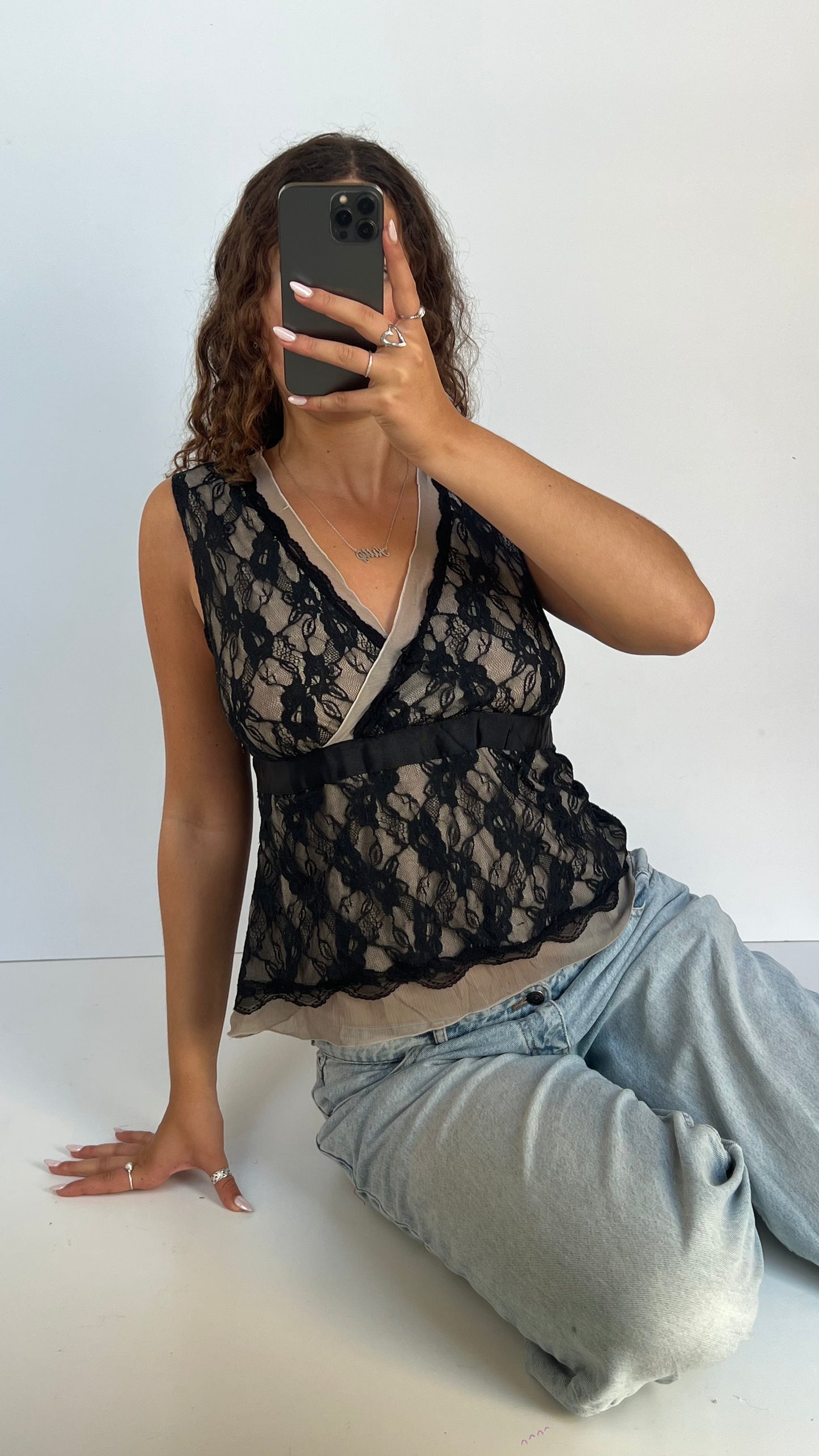 00s black lace babydoll top- size L