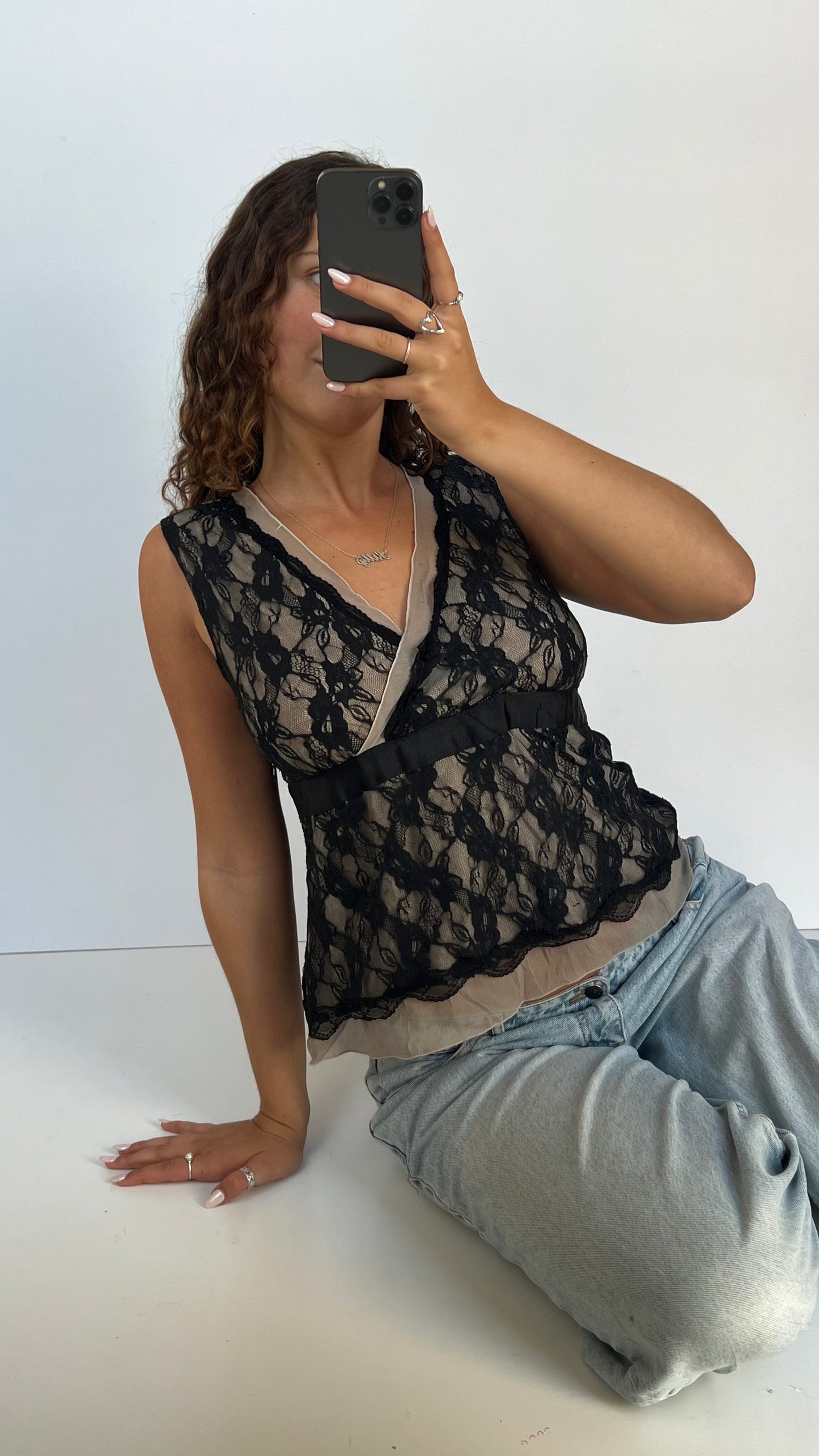 00s black lace babydoll top- size L