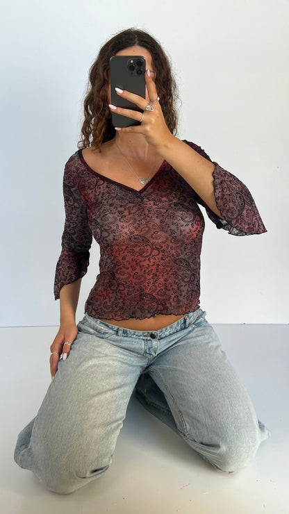 00s red paisley mesh top- size L