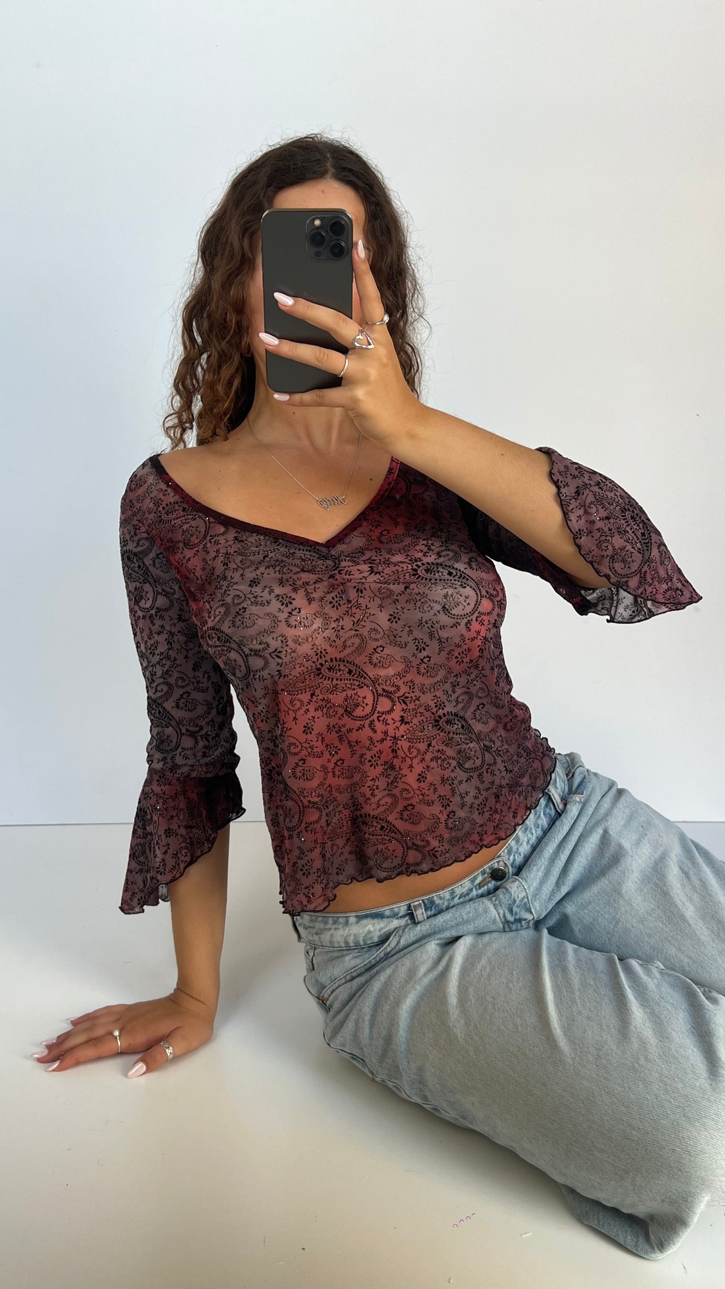 00s red paisley mesh top- size L