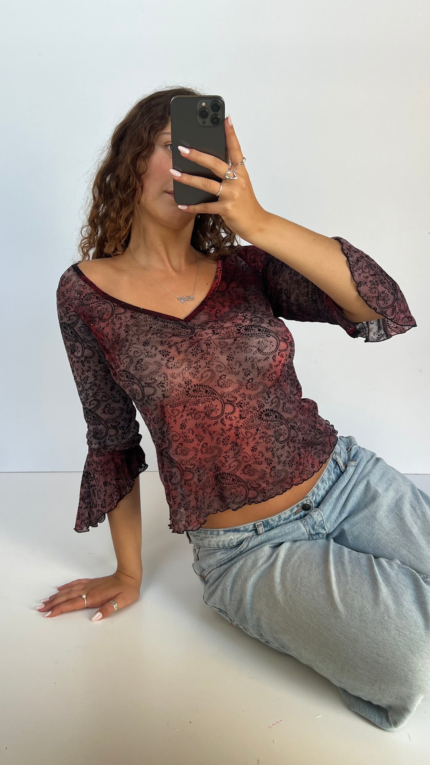 00s red paisley mesh top- size L
