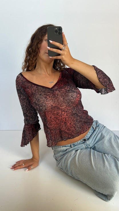 00s red paisley mesh top- size L