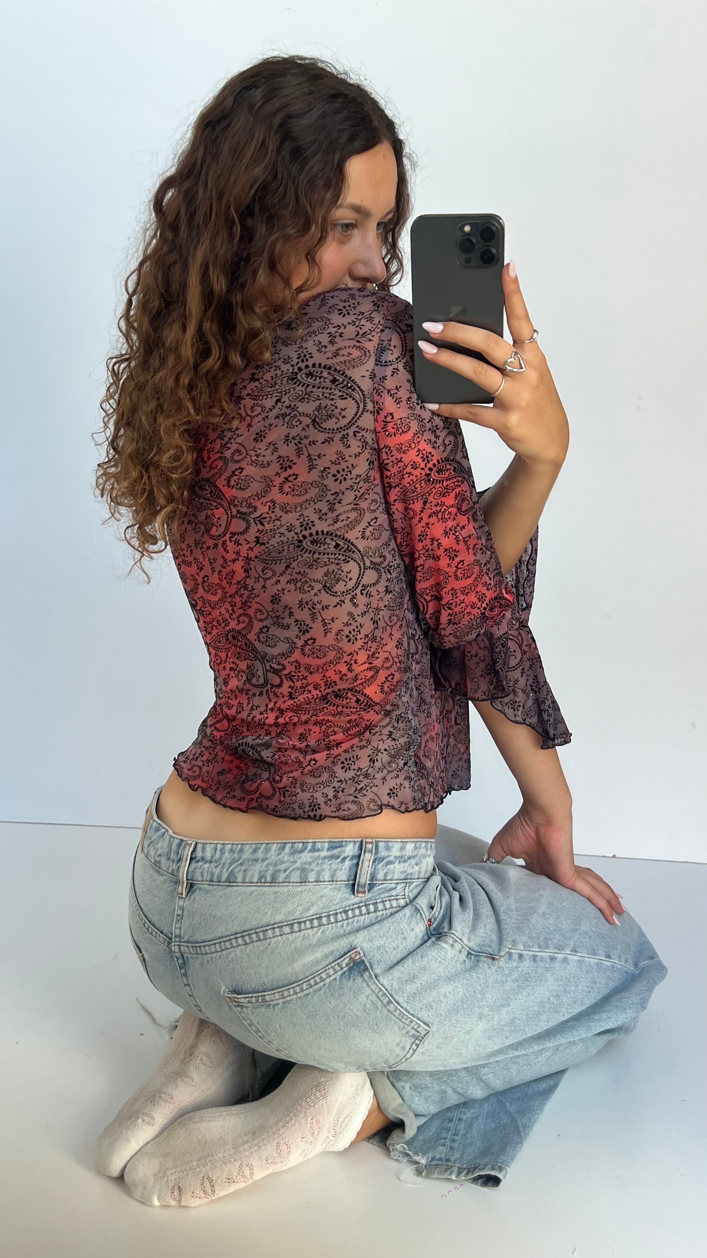00s red paisley mesh top- size L