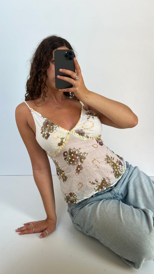 00s white floral sequin cami- size M