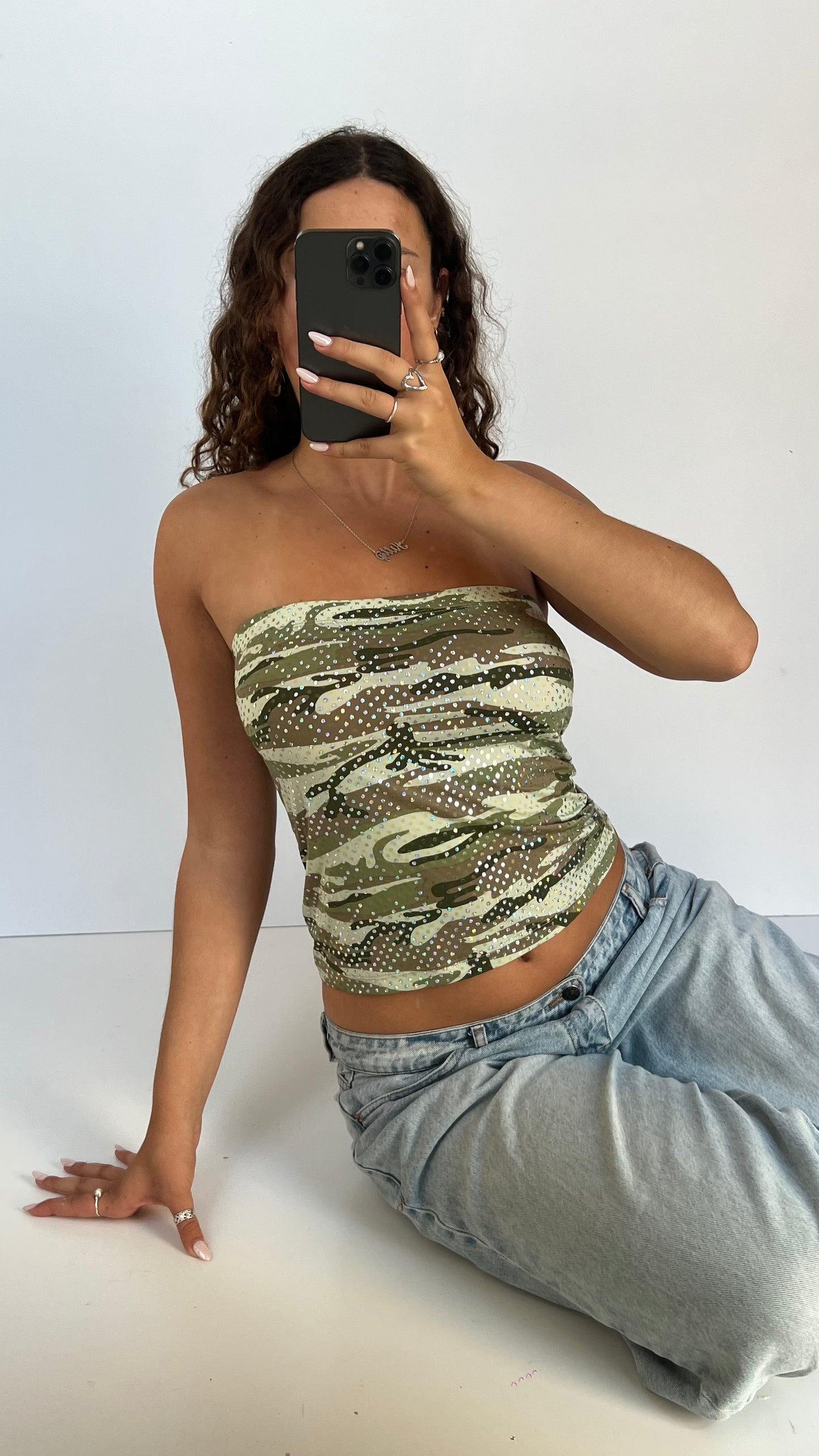 00s camo glitter top- size M