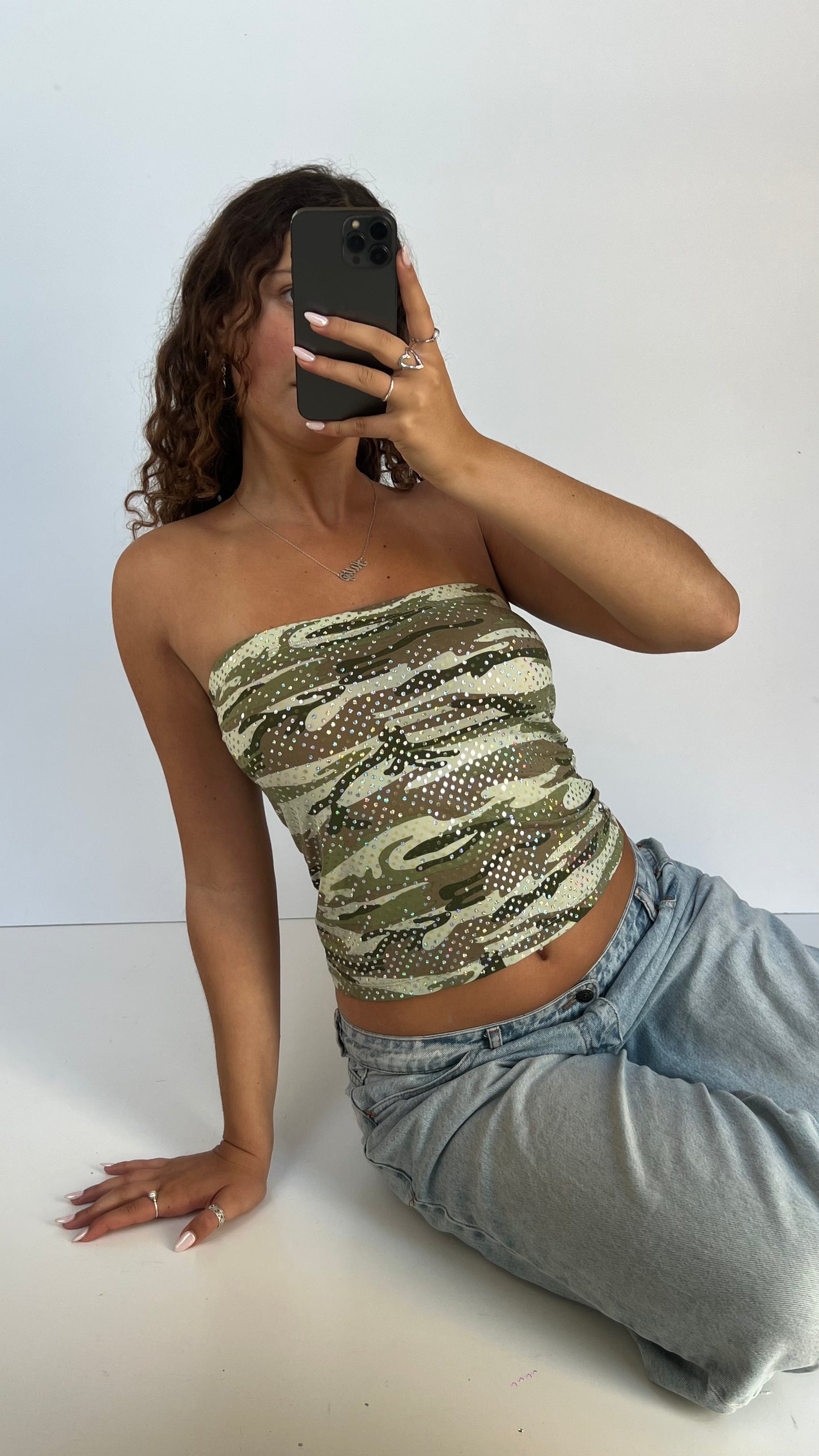00s camo glitter top- size M