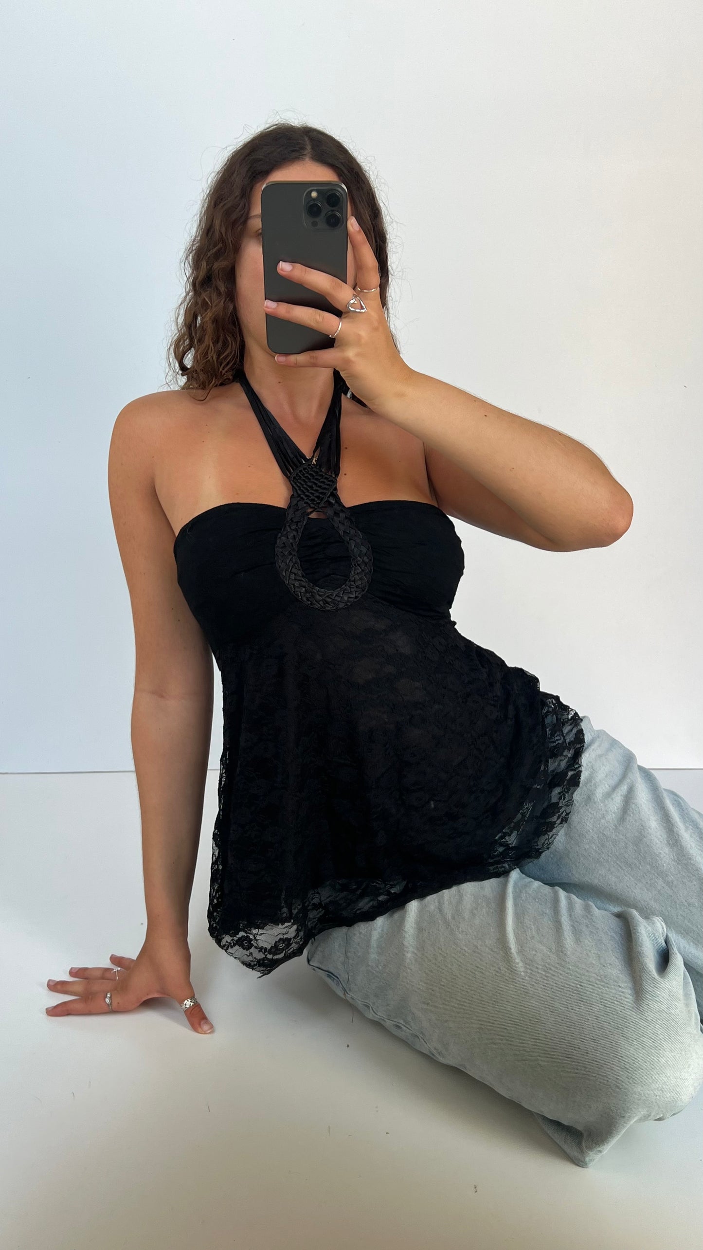 00s black lace halter cami- size S/M