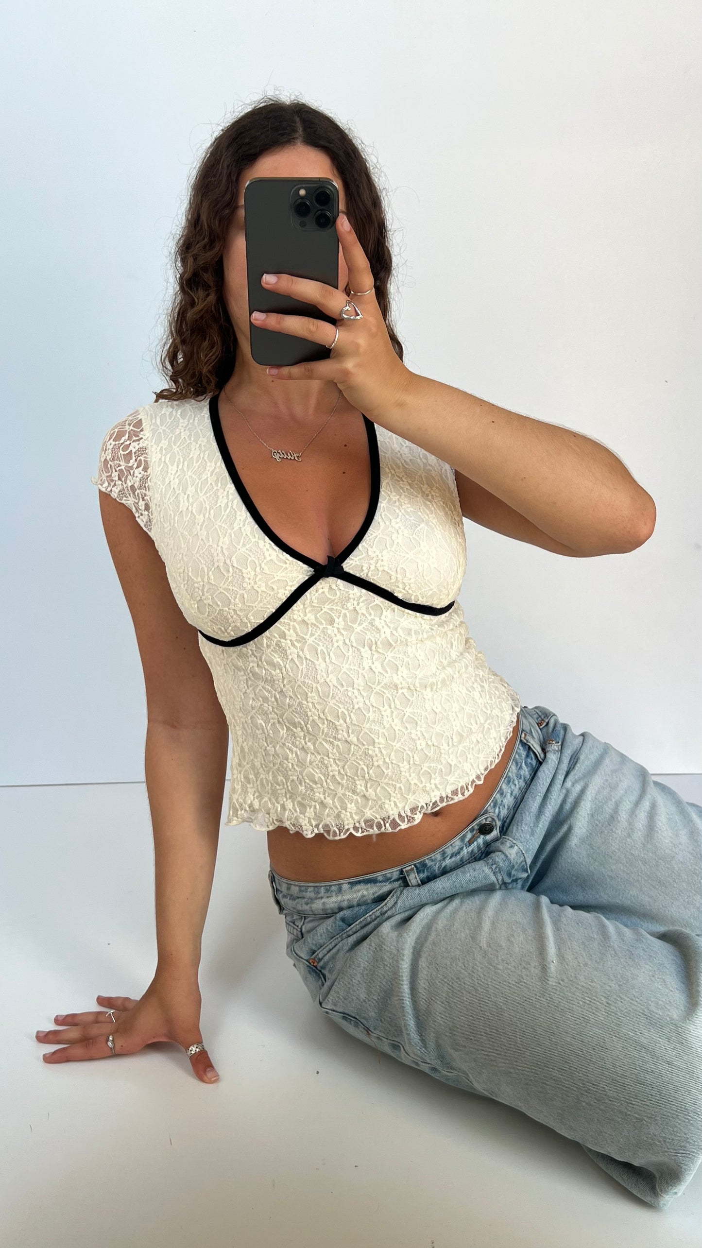 00s white lace babydoll top- size M