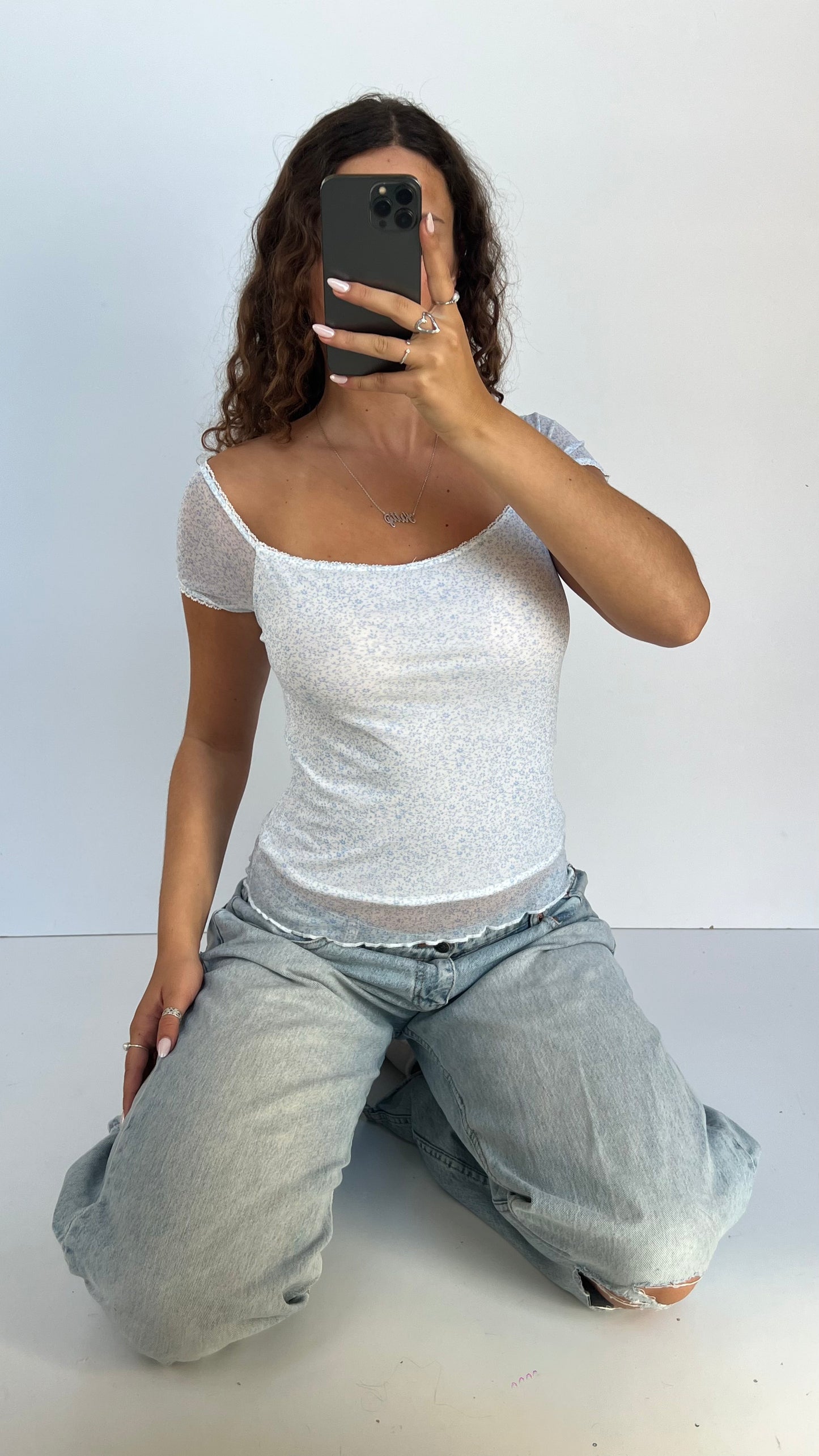 00s blue floral mesh top- size S