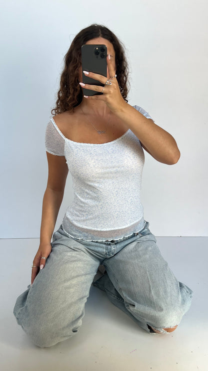 00s blue floral mesh top- size S