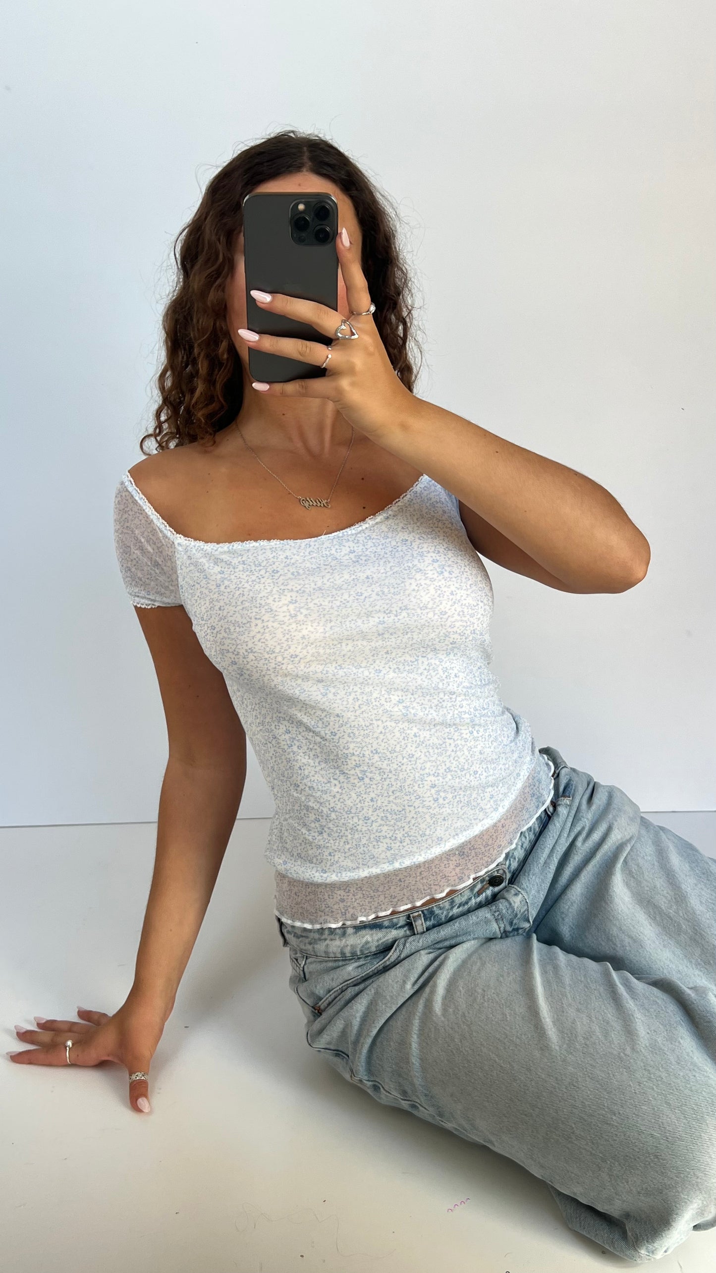 00s blue floral mesh top- size S