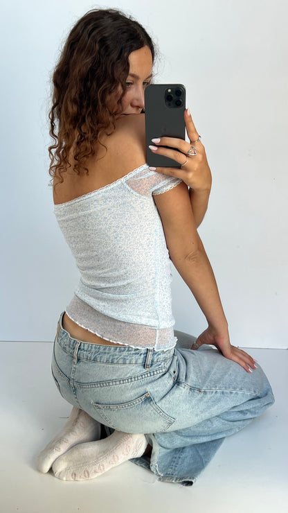 00s blue floral mesh top- size S