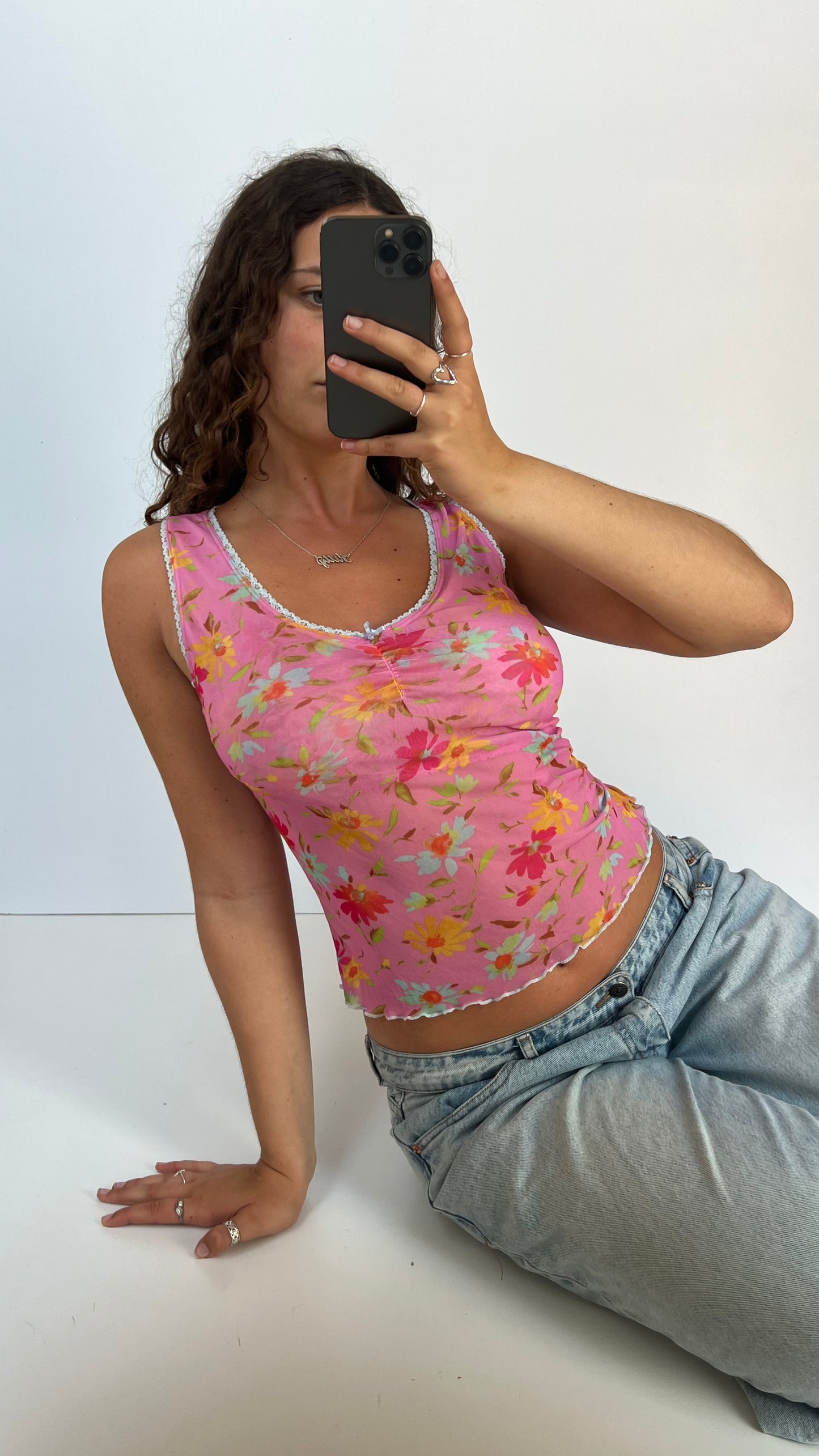 00s pink floral mesh top- size M
