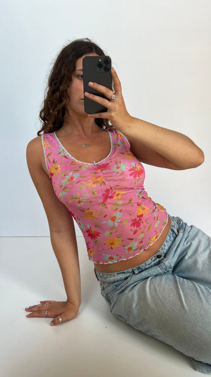 00s pink floral mesh top- size M