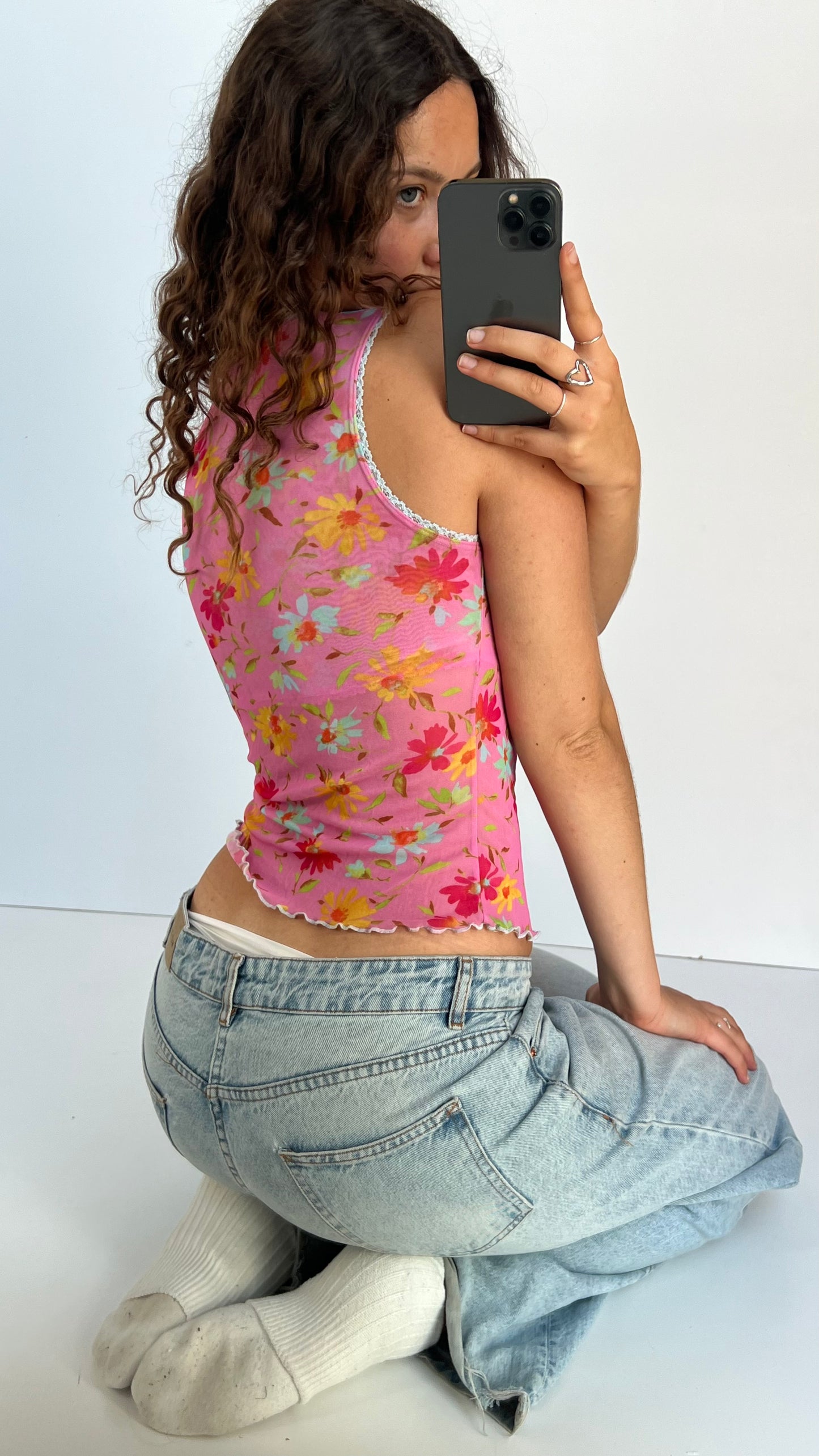 00s pink floral mesh top- size M