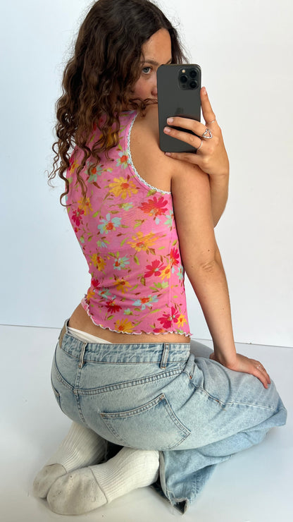00s pink floral mesh top- size M