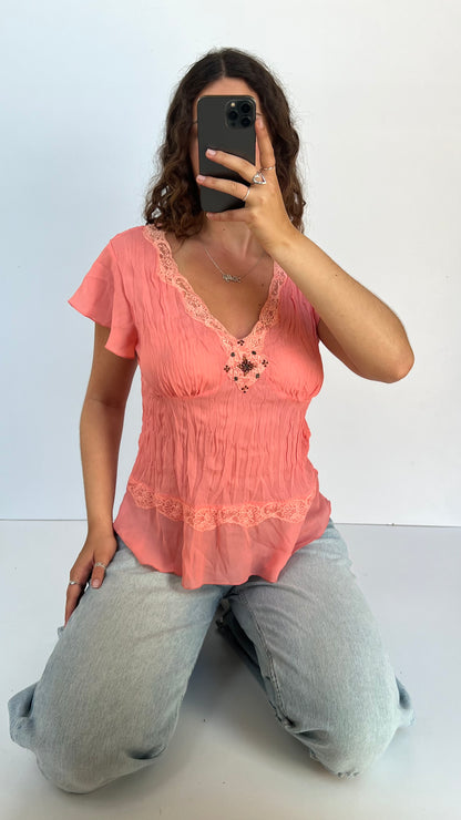 00s pink mesh babydoll top- size L