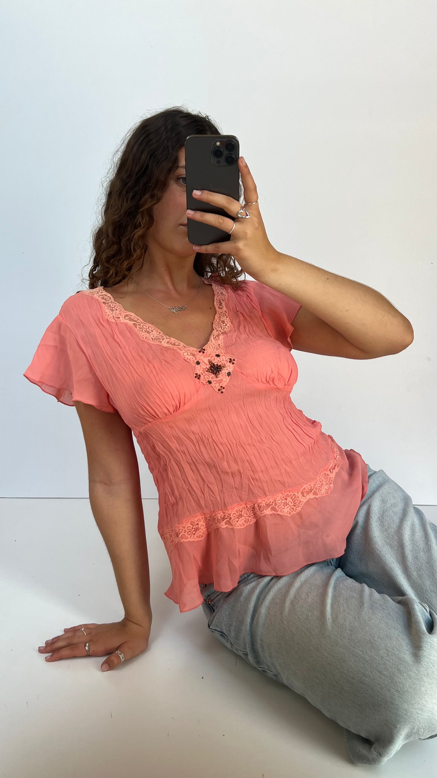 00s pink mesh babydoll top- size L