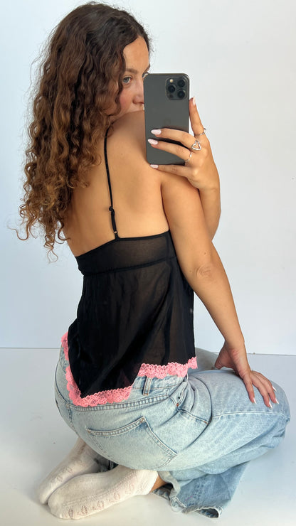 00s black mesh pink lace cami- size XS