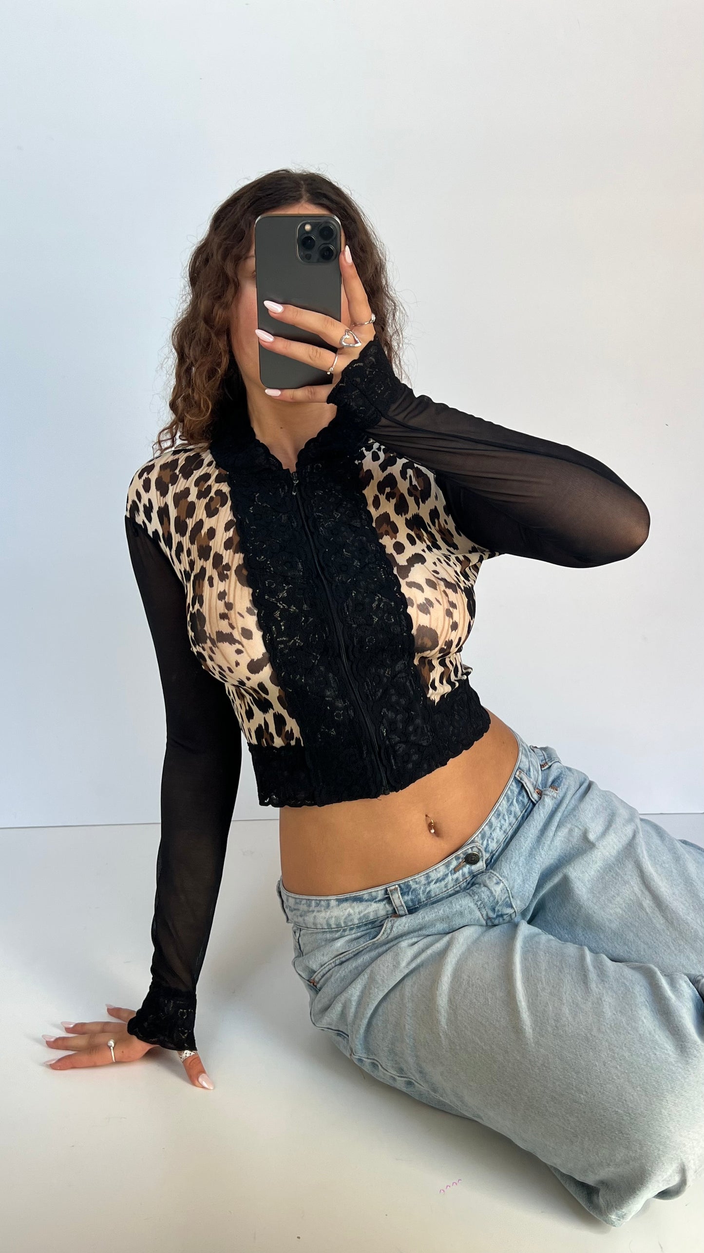 00s black lace leopard top- size S