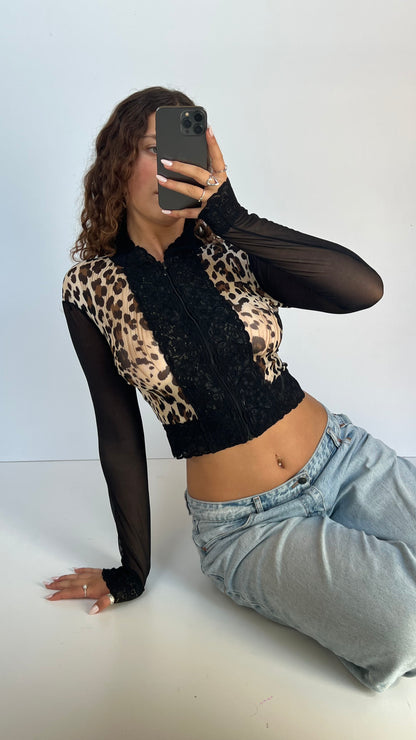 00s black lace leopard top- size S