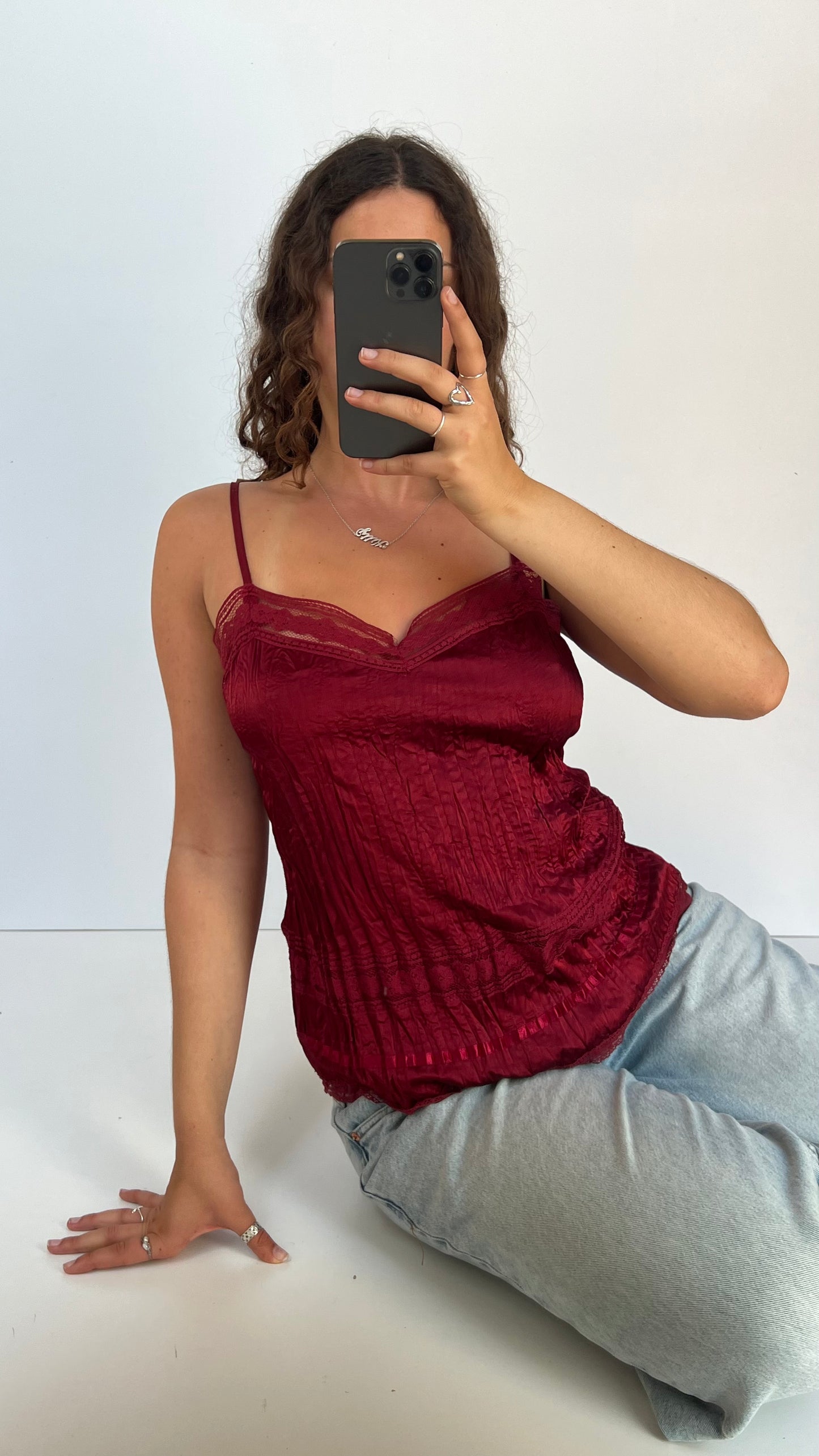 00s red satin lace cami- size M