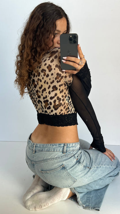 00s black lace leopard top- size S