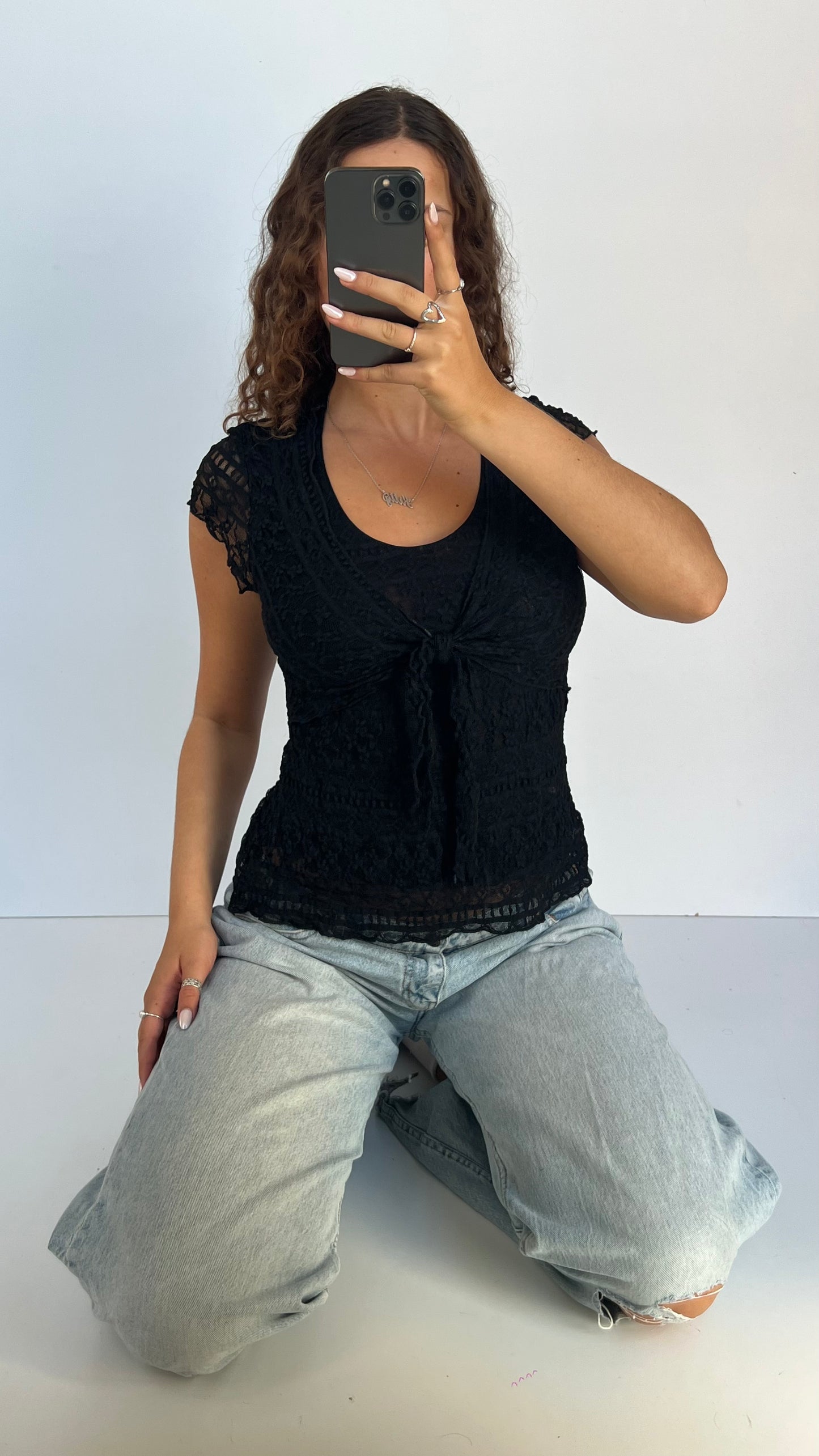 00s black lace babydoll top- size M
