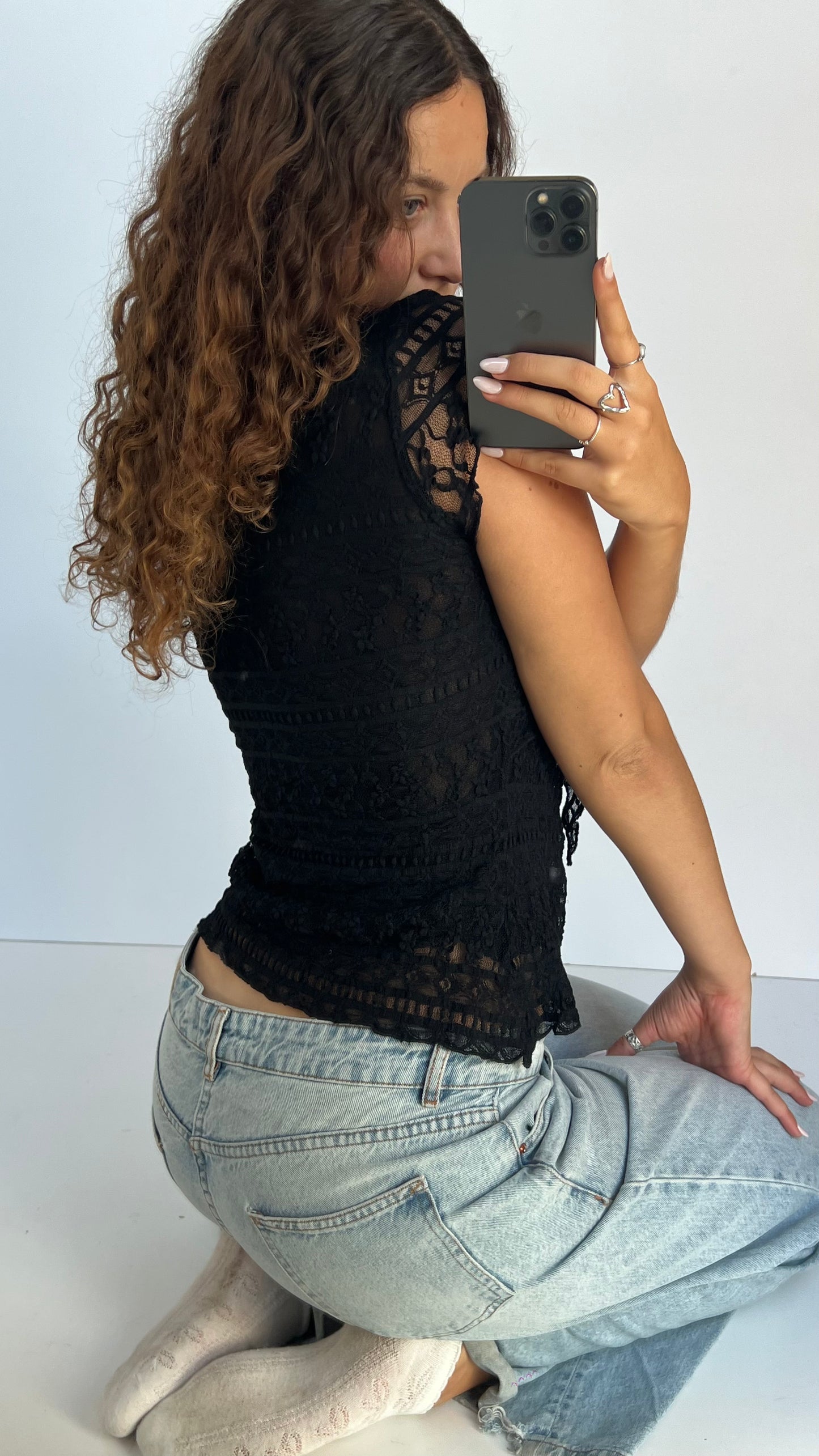 00s black lace babydoll top- size M
