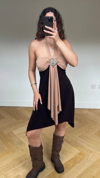 00s brown asymmetric midi dress- size M