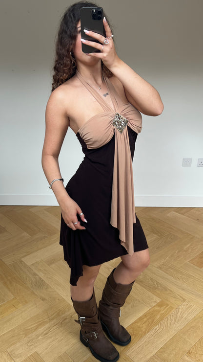 00s brown asymmetric midi dress- size M