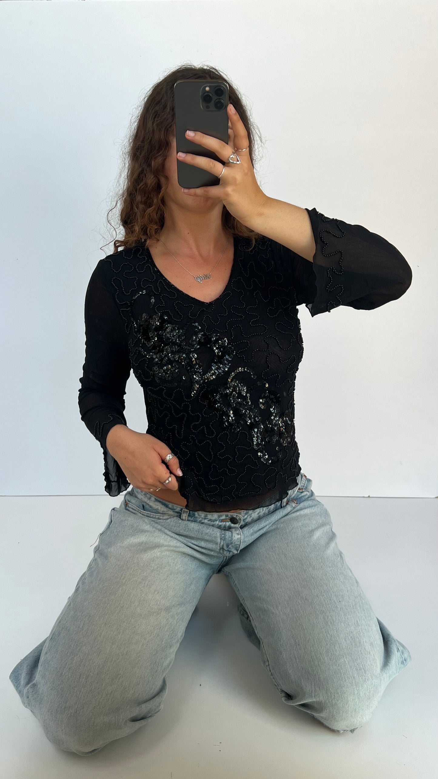 00s black beaded long sleeve top- size M
