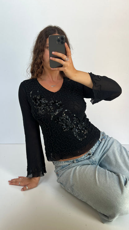 00s black beaded long sleeve top- size M