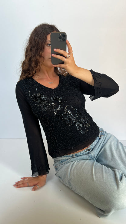 00s black beaded long sleeve top- size M