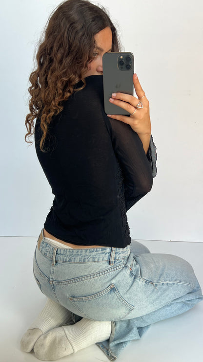 00s black beaded long sleeve top- size M