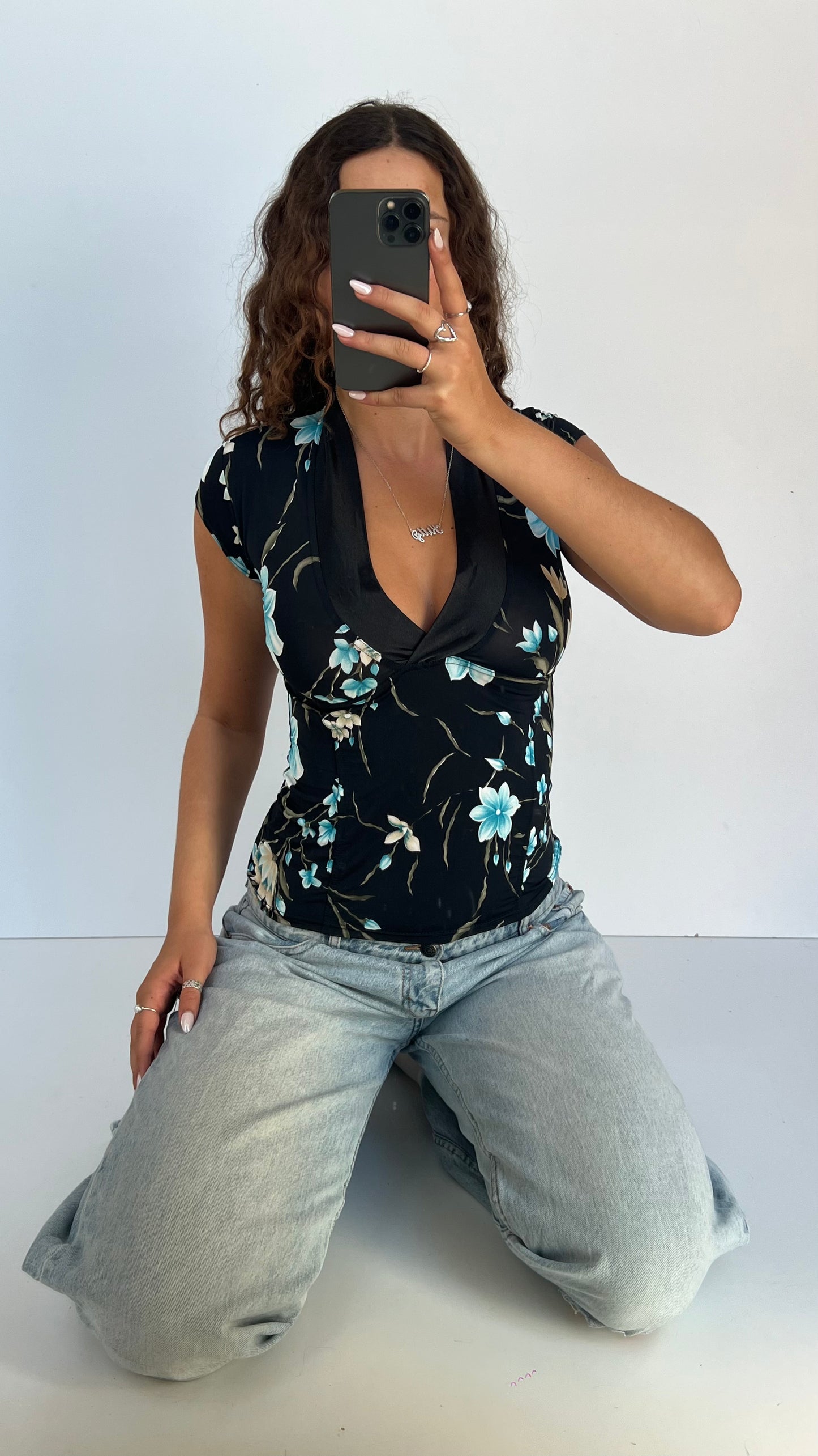 00s black blue floral top- size M
