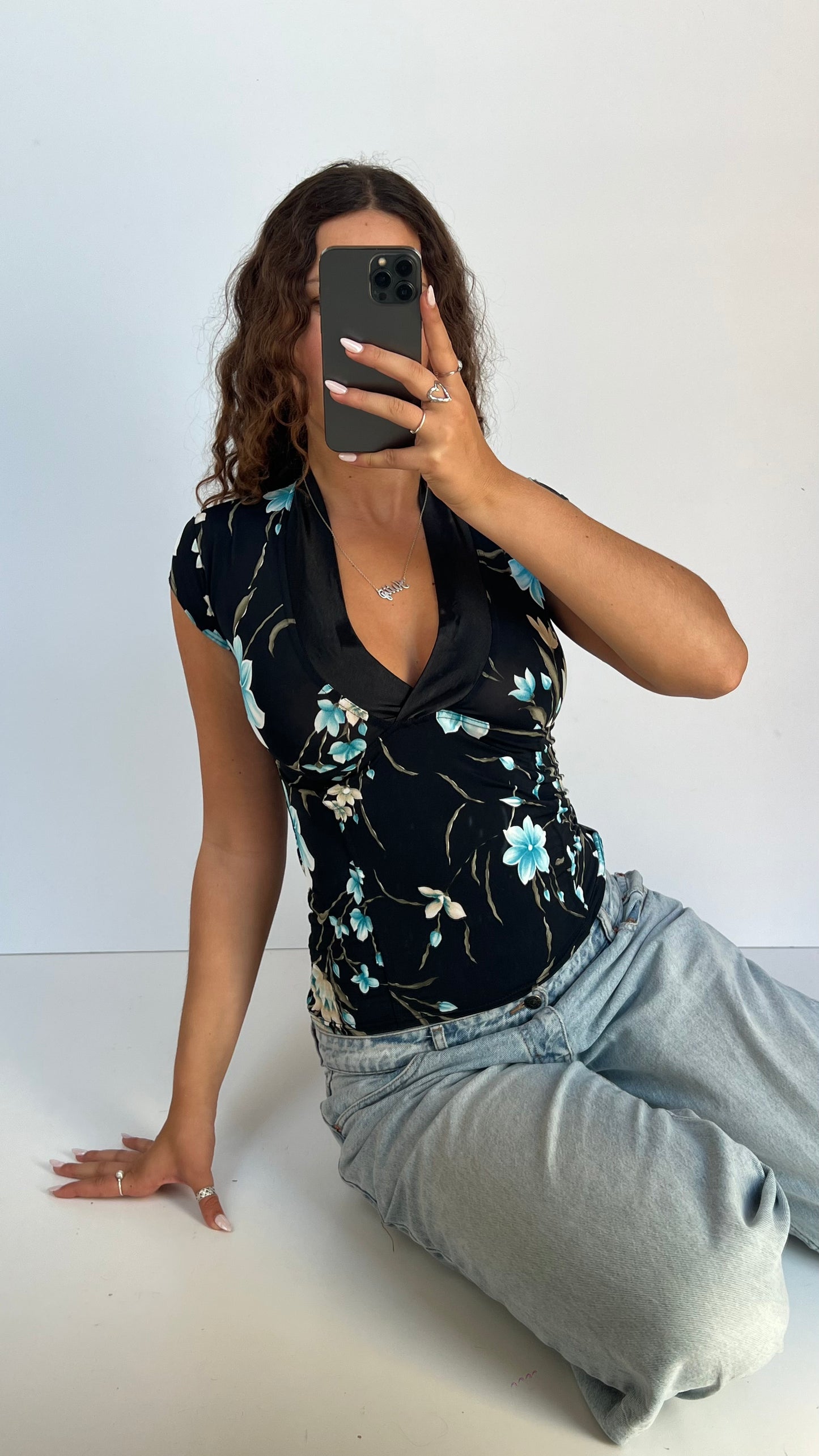 00s black blue floral top- size M