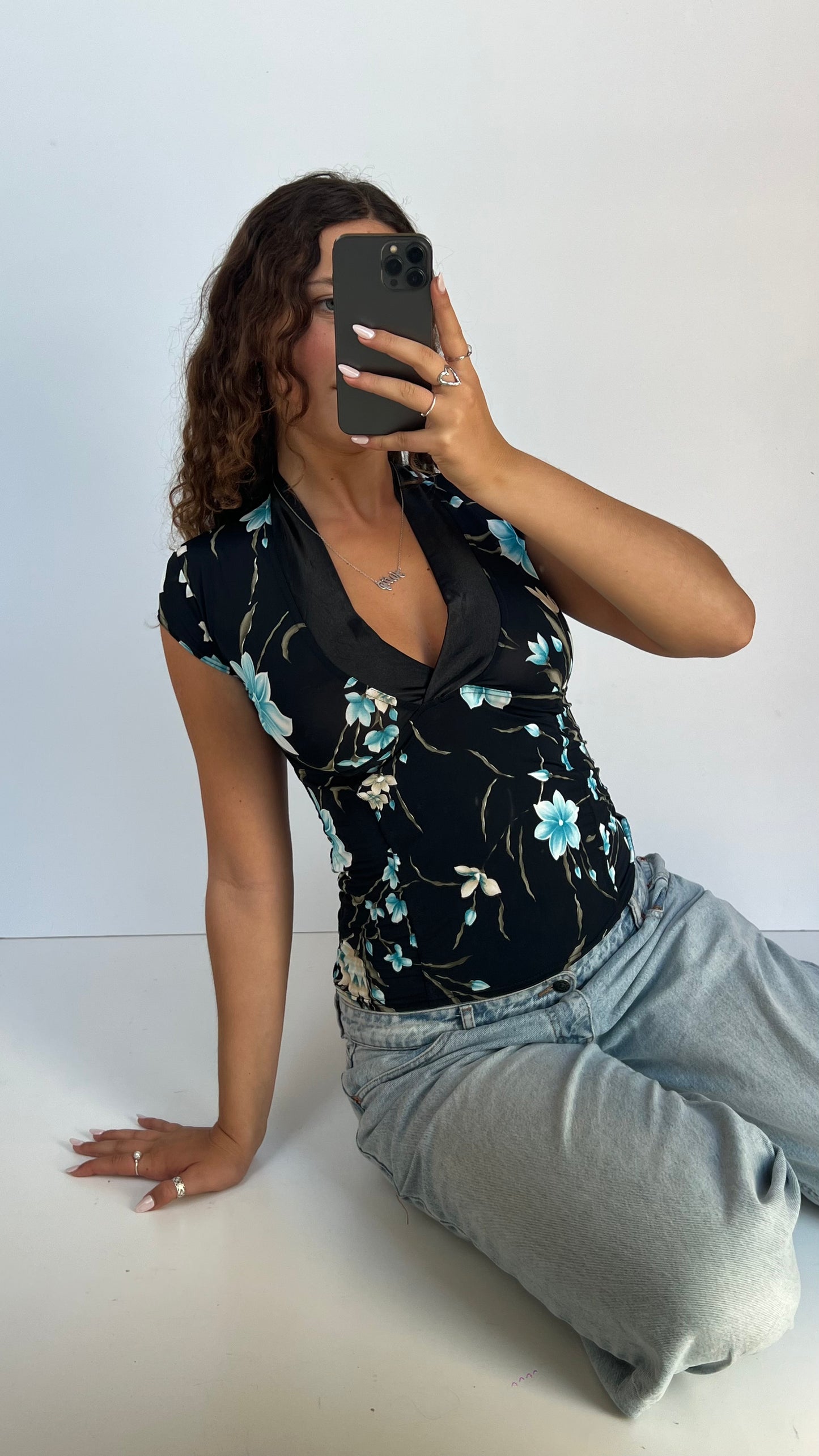 00s black blue floral top- size M