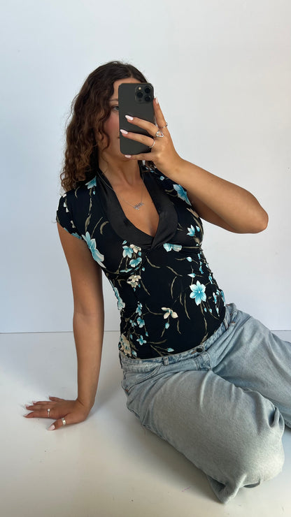 00s black blue floral top- size M
