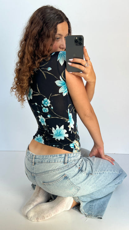 00s black blue floral top- size M