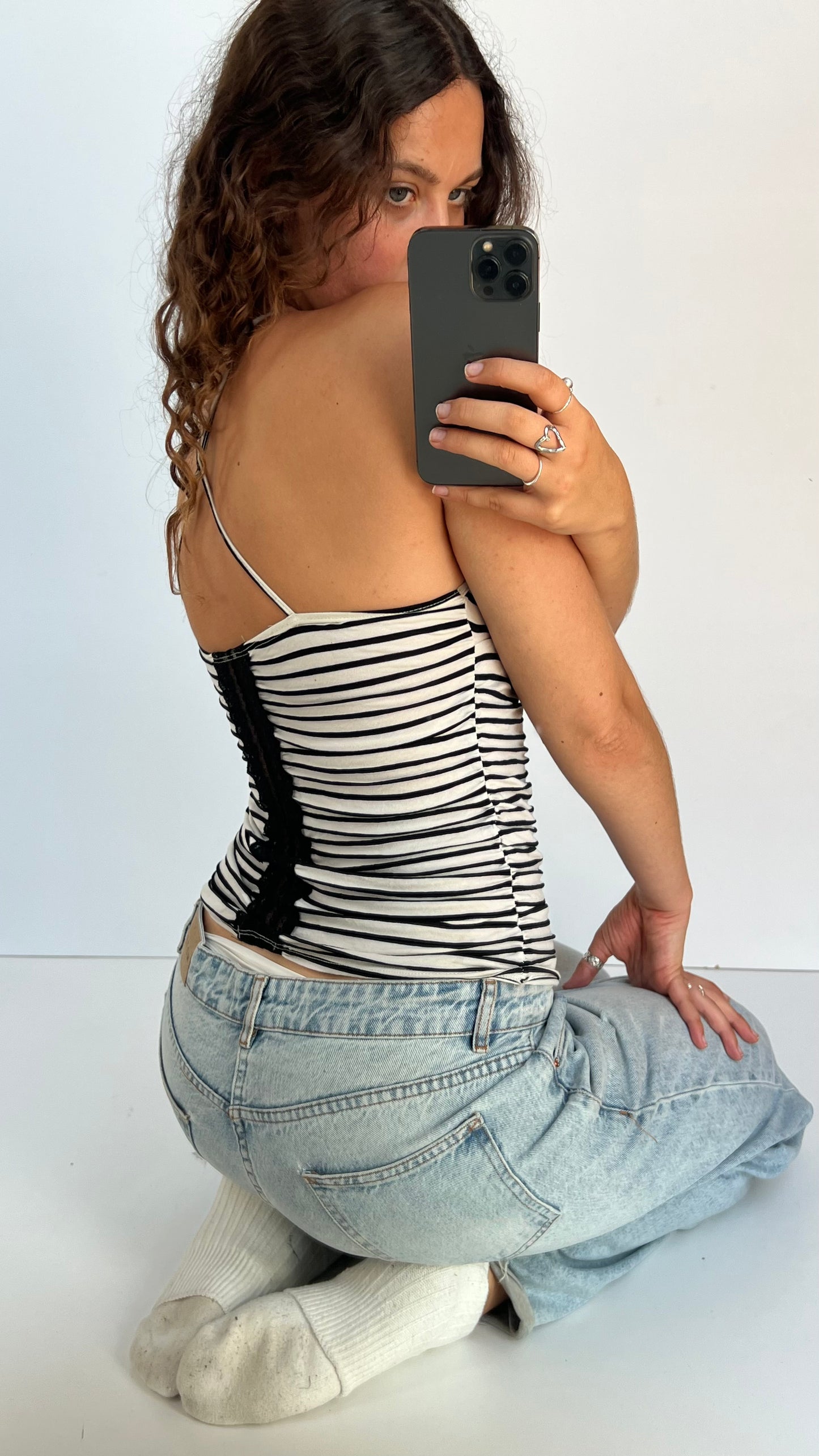 00s black white striped cami- size L