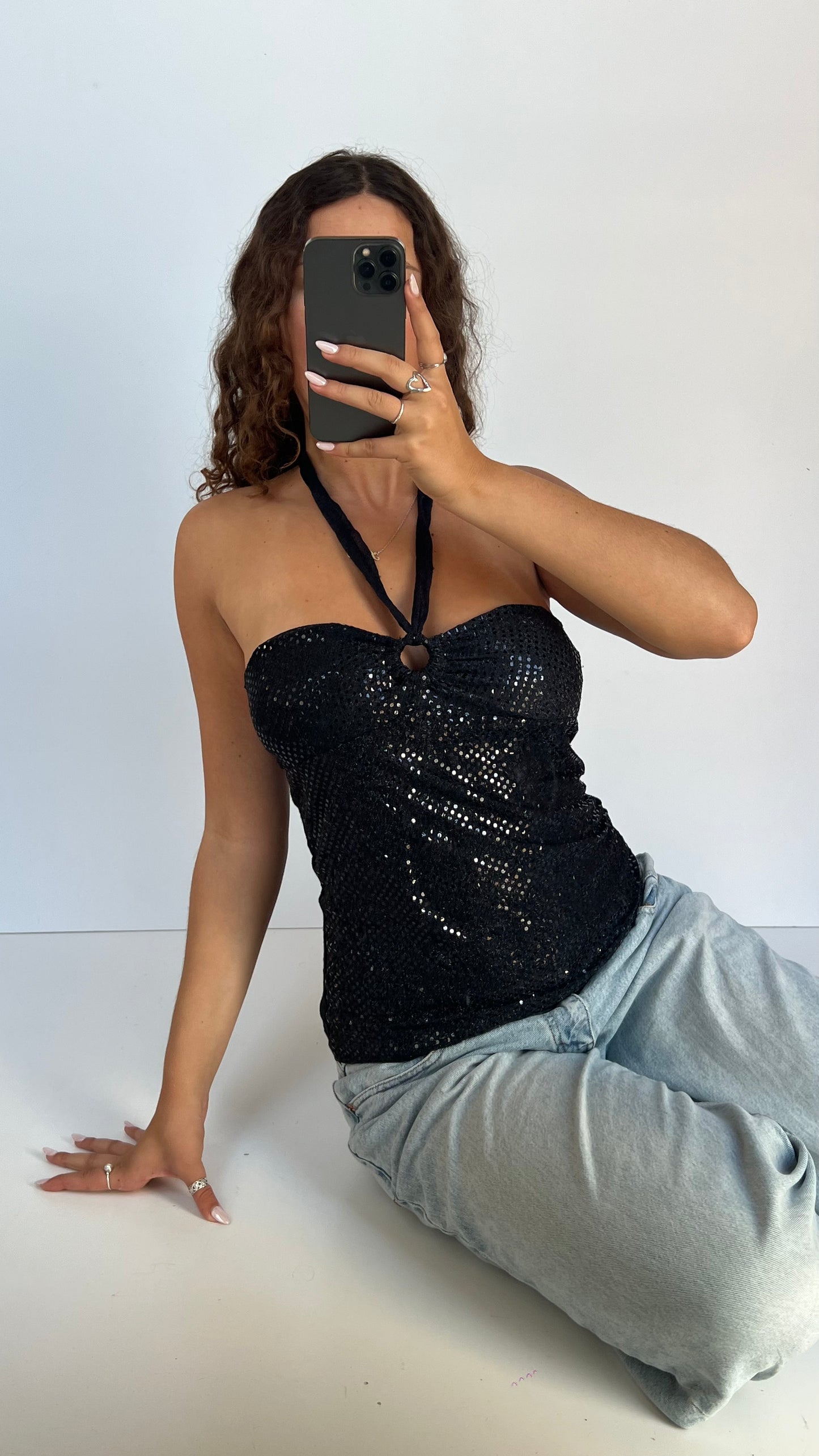 00s black glitter halter cami- size M