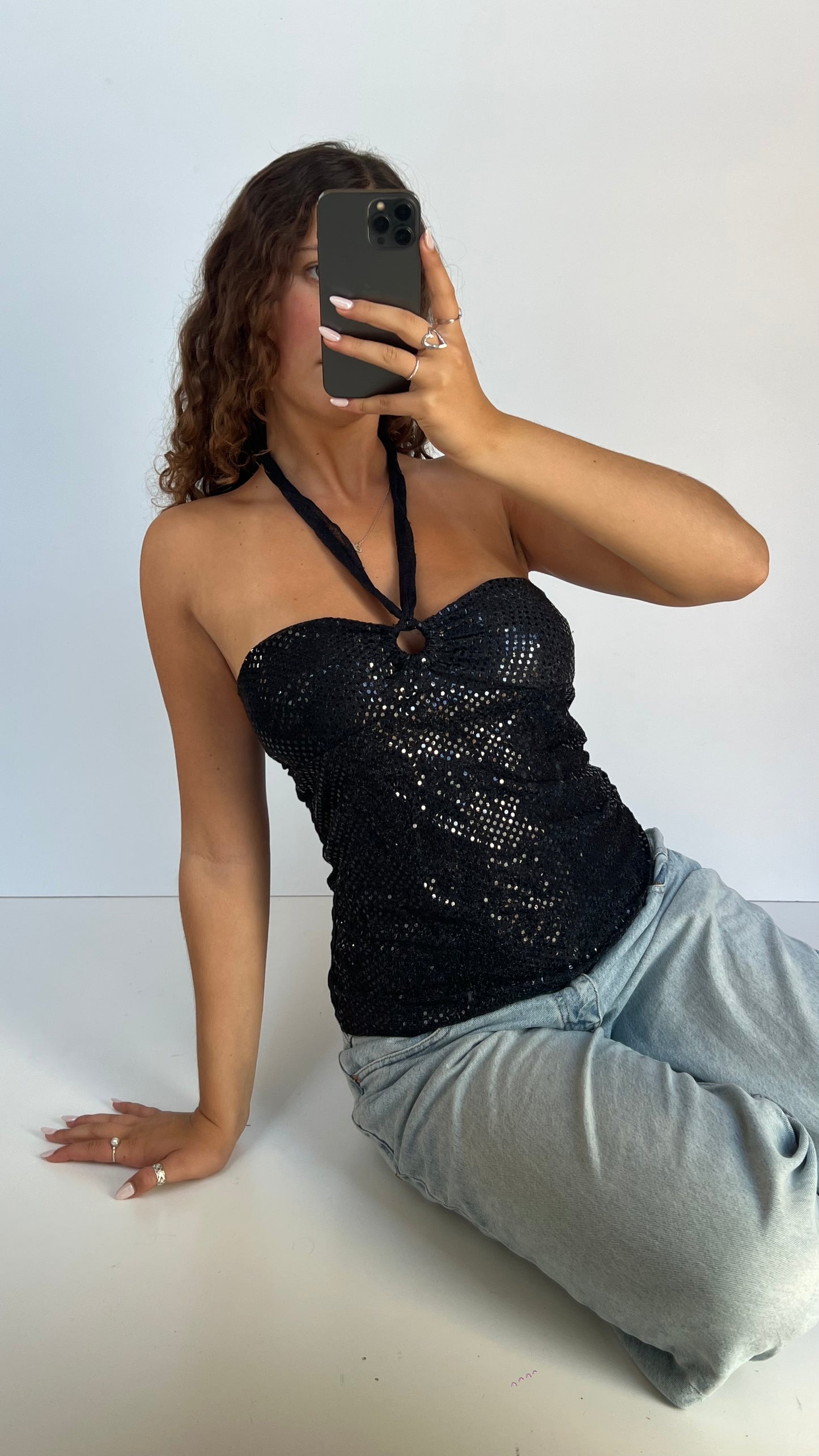 00s black glitter halter cami- size M