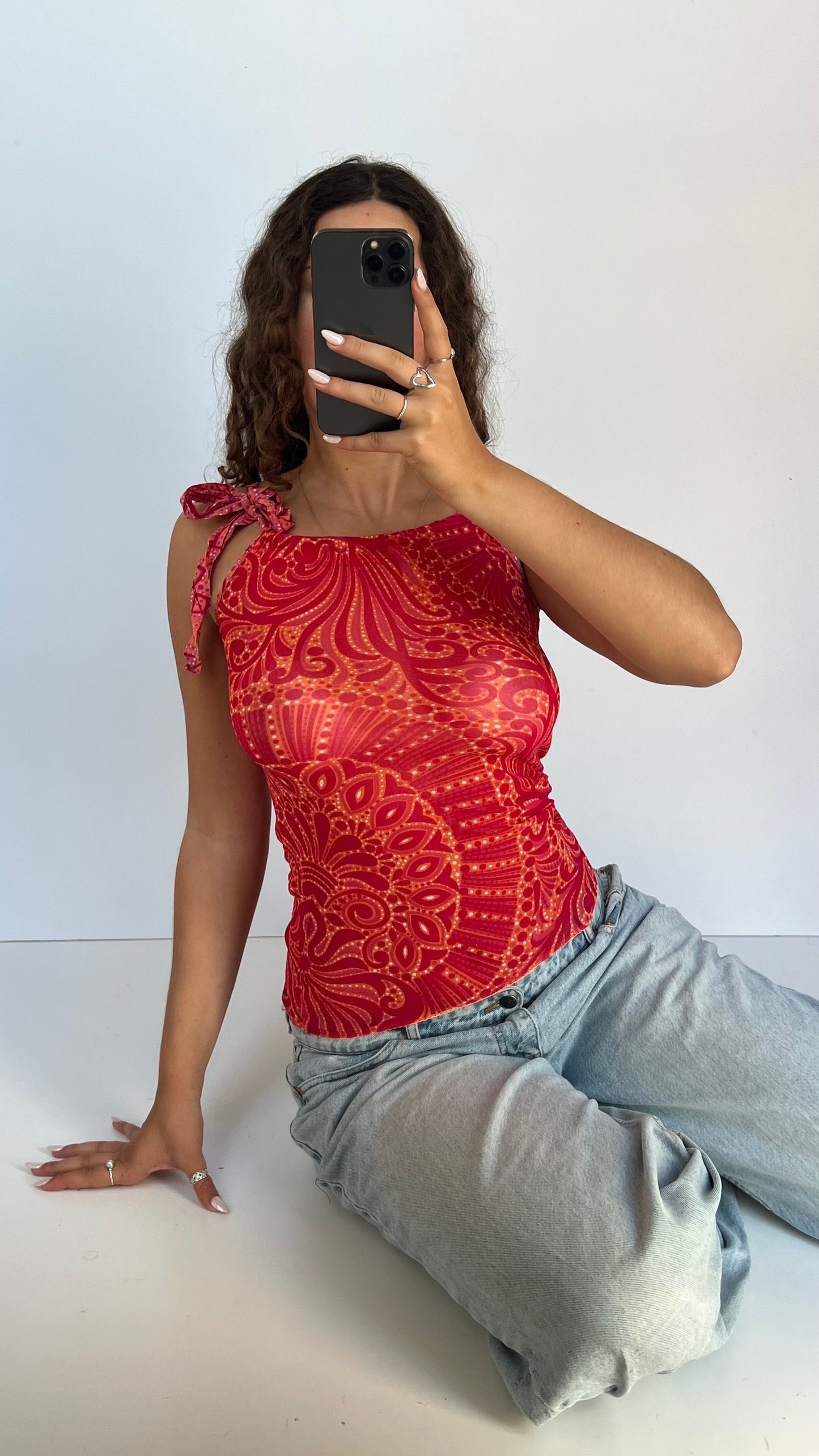 00s red patterned mesh top- size S